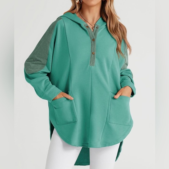 NWOT Women’s Oversized Sweatshirt Corduroy Patchwork Long Sleeve Hoodie - Picture 2 of 12